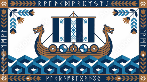 Norse Viking Ship Illustration on a Decorative Border with Runes and Abstract Waves