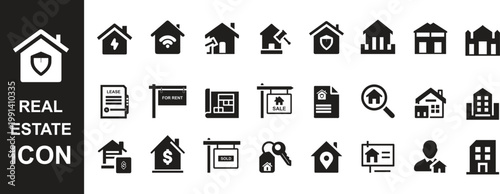 Real Estate Black Glyph Icons Set – Property, Home, Rent, Sale, Security, Smart House Vector Collection