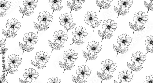 Elegant seamless pattern of delicate flowers and leaves in black and white line art over a white background for stationary and fabric.