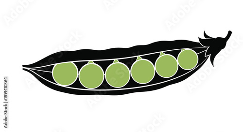 An open pea pod reveals seven bright green peas inside