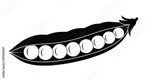 A black and white illustration of an open pea pod with round peas
