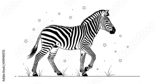 Elegant black and white line art illustration of a zebra walking peacefully on grass under a magical sky filled with small stars.