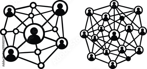 Professional black and white vector illustration of social network connections and human silhouette profile icons representing team collaboration and digital communication.