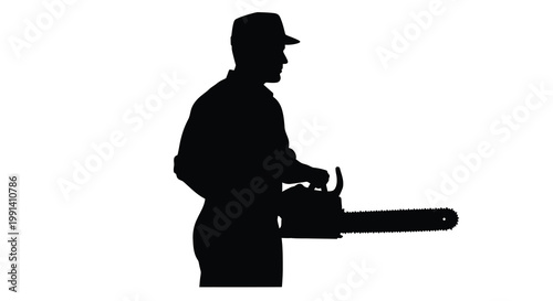 Silhouette of a lumberjack holding a running chainsaw against white