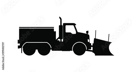A black silhouette of a heavy duty snow plow truck side view silhouette