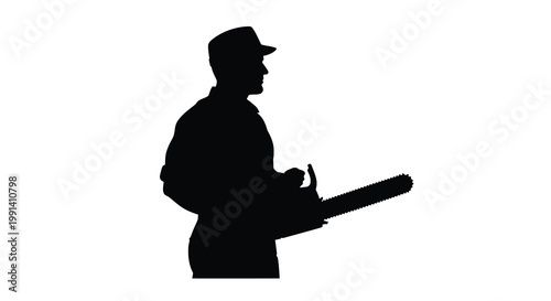Silhouette of a man wielding a chainsaw against a white background