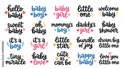 Baby shower lettering vector set with hello baby, baby boy, baby girl, sweet baby, welcome baby and cute newborn quotes