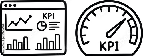 Professional vector icons illustrating key performance indicator metrics including a digital dashboard with charts and a speed gauge for business performance monitoring