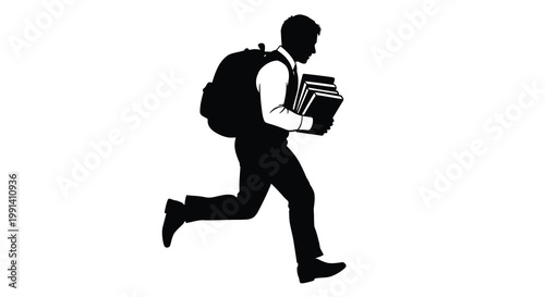 Silhouette of a student rushing forward carrying books and a backpack