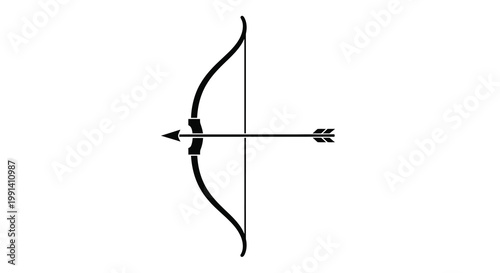 Simple black silhouette of a bow and arrow centrally positioned