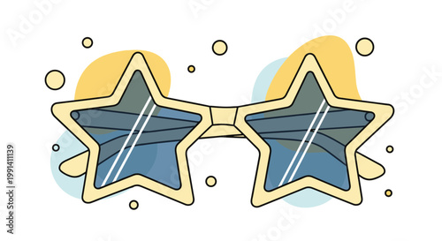 Stylish star shaped sunglasses with blue lenses are shown over retro yellow and light blue shapes with small dots.