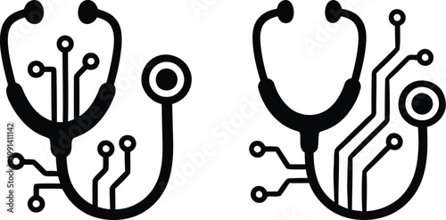 Professional digital health icons showing medical stethoscopes integrated with electronic circuit board traces to symbolize telemedicine and modern smart healthcare technology.