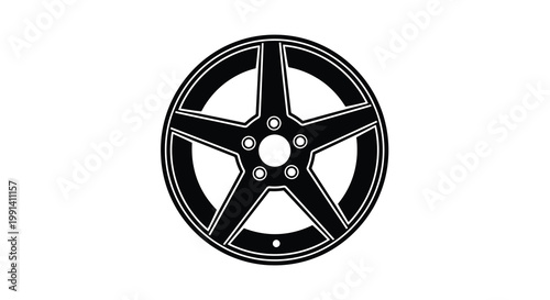 Black and white illustration of a five spoke automotive wheel