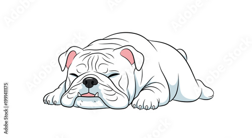 Cute white bulldog is sleeping flat on its belly with closed eyes and a relaxed expression in a cartoon style.