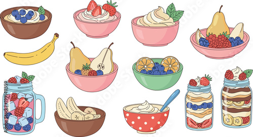 Healthy fruit bowls and yogurt desserts set with berries bananas and layered parfait jars vector illustration collection