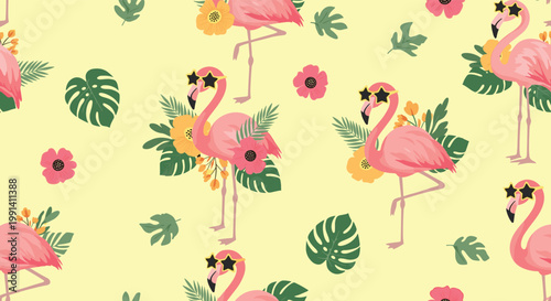 Tropical seamless pattern shows pink flamingos wearing star shaped sunglasses among green leaves and pink flowers.