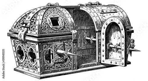 Ornate medieval style safe with metal door and decorative patterns