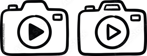 Hand-drawn digital camera icons with play buttons in the lens area representing video recording and multimedia capture for creative storytelling and social media content production.