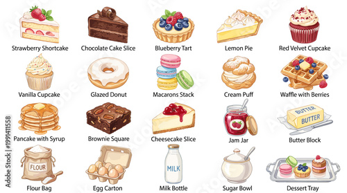 Dessert pastry vector chart with labeled cakes, cupcakes, tarts, pie, macarons, waffles, cookies, ice cream, milk and sweet bakery treats