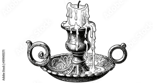 Vintage silver candelabra with melted candles on ornate tray