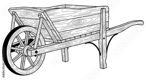 Vintage wooden wheelbarrow with metal wheel and handles