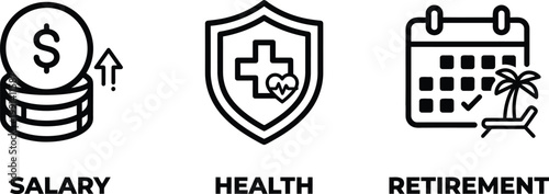 Stack of coins with upward arrow for salary, health insurance shield with cross and heart, retirement calendar with beach scene.