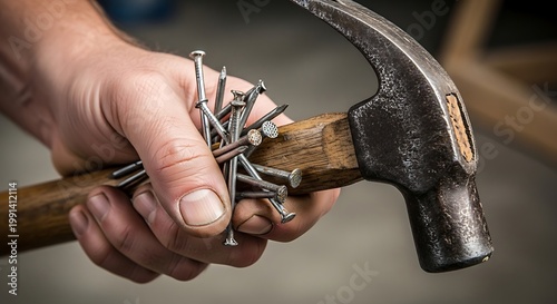Close-up of a hand holding an old hammer and many nails
