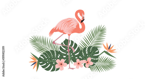 Vibrant illustration shows a pink flamingo standing on one leg amidst a beautiful arrangement of tropical leaves and exotic flowers.