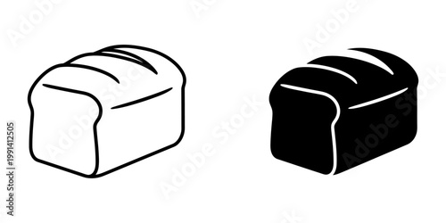 Bread loaf icon set featuring outline and black silhouette versions of sliced bread for bakery shop branding and breakfast menu design isolated on white background minimalist vector illustrations.