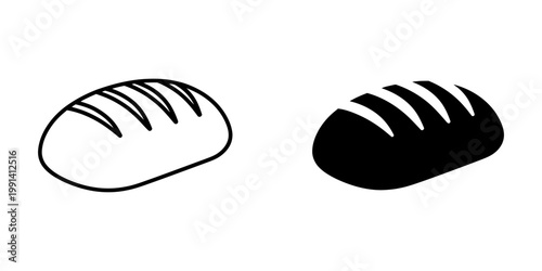 Oval bread loaf icons including outline and black silhouette versions of sourdough or baguette style baked goods for bakery branding and food menu design isolated on white background illustrations.