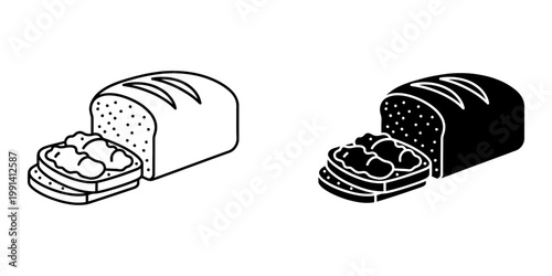 Set of sliced bread loaf icons in linear and silhouette style showing healthy wholegrain bakery products with jam for breakfast menu designs or organic food labels isolated on white backdrop space.