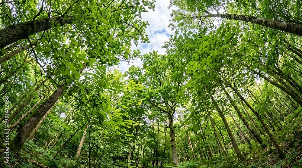 Fototapeta premium Lush Green Forest Canopy with Bright Sky and Sunlight Filtering Through Trees