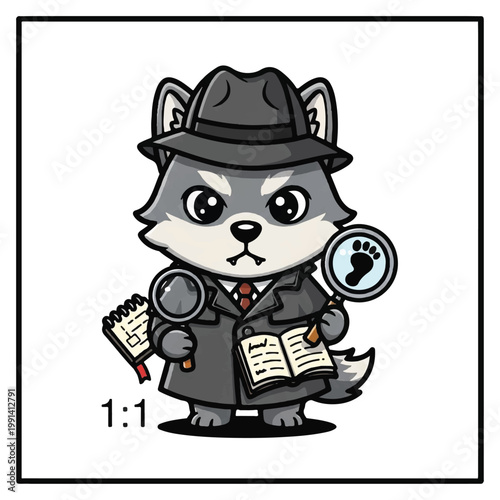 Cute cartoon wolf detective character holding magnifying glass and footprint.