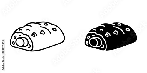 Stollen icons in outline and glyph style for christmas holiday season or traditional german bakery menu design projects showing fruit bread with powdered sugar isolated on white background art.