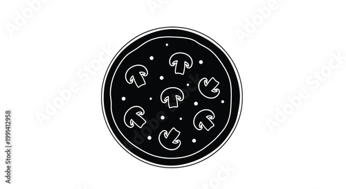 Simple black and white illustration of a pizza with mushroom toppings