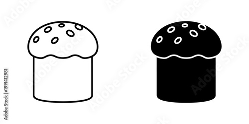 Easter cake icon set line and glyph style, bakery product with icing and sprinkles on top, traditional festive bread for holiday celebration, sweet pastry design element on white background.