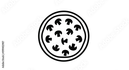 A simple black and white line drawing of a pizza with mushroom toppings