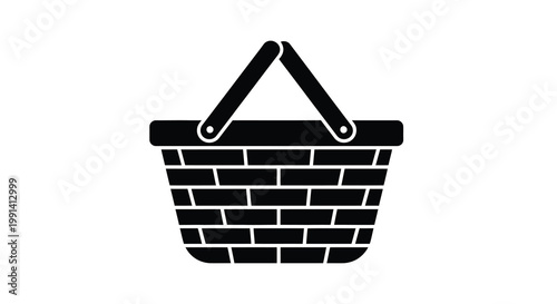 Simple black and white illustration of a woven picnic basket