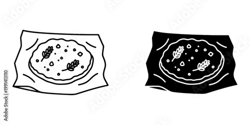 Pita bread icon set in line and glyph style, traditional flatbread, healthy whole grain food, mediterranean cuisine element, simple graphic on white background, baked flour product illustration.