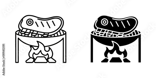 Grilled steak on outdoor barbecue grill icons featuring fire and charcoal elements in outline and silhouette styles for camping and picnic designs isolated on white background meat cooking concept.