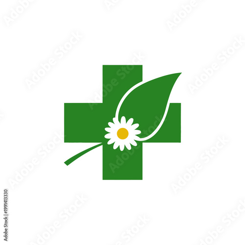 Green plus sign design with daisy and leaf in white and yellow colors on a white background
