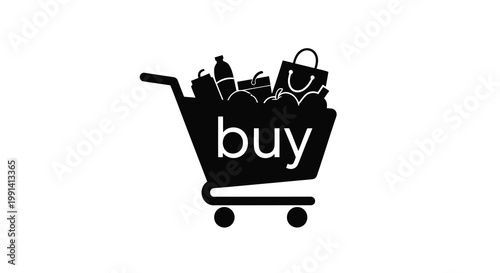 A black silhouette of a shopping cart filled with goods and the word buy