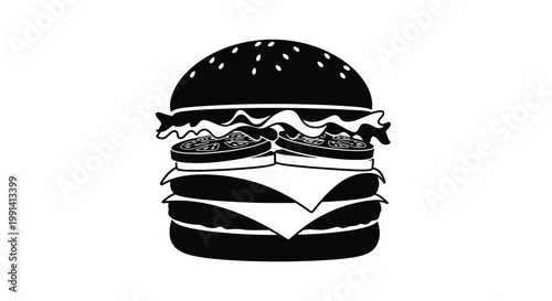 A black and white illustration of a classic cheeseburger with visible layers
