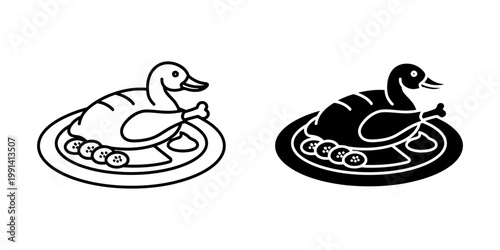 Roasted duck icon set featuring black and line style, whole bird on a plate with garnish, gourmet meal graphic, simple design for web and application display.
