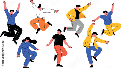 Jumping people vector illustration set with energetic men and women dynamic poses modern casual outfits action movement collection