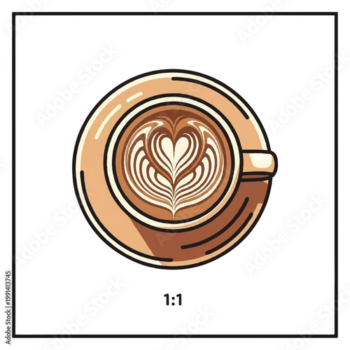 Delicious Coffee Cup with Heart Latte Art Top View.