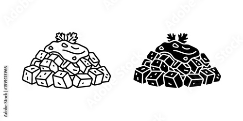 Patatas bravas or potato cubes with spicy sauce icon set in outline and solid styles for spanish tapas menu design restaurant branding food photography alternative and culinary web applications.