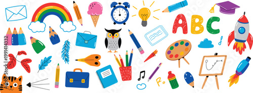 Education felt pen hand drawn vector illustrations set of child drawings and doodles, playful sketch-style elements featuring school items, symbols, and creative scribbles, ideal for kids’ learning