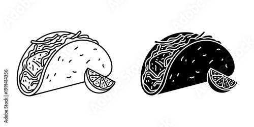 Taco with filling and lime wedge in line art and solid black icon styles, Mexican food concept.