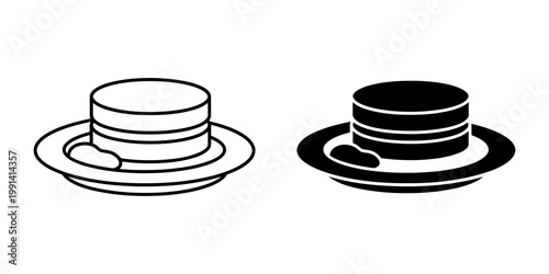 Flat design icon set showing stacked pancakes or crepes with a side bean on plate, line and solid versions.